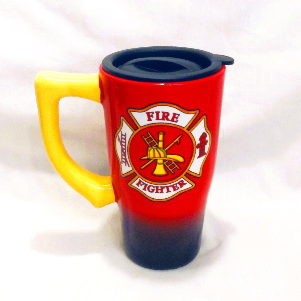 Spoontiques 16 oz Firefighter Ceramic Travel Mug With Removable Lid-Red/Yellow